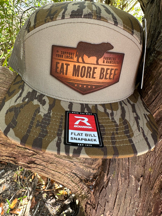 Mossy oak 7 panel Eat More Beef genuine leather patch