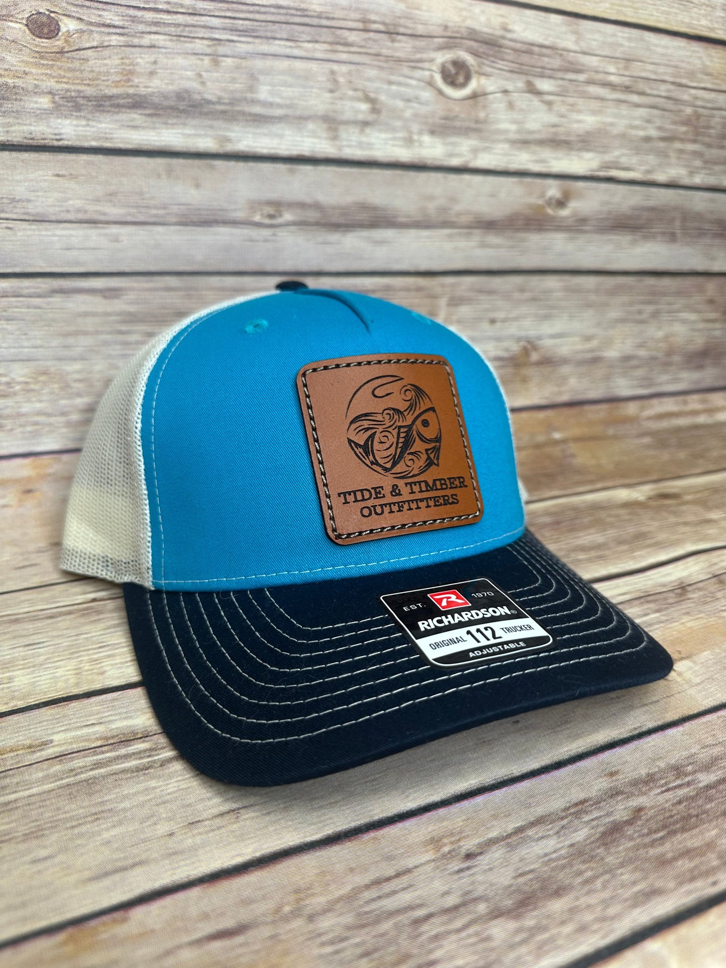 Blue Teal/Birch/Navy fish & hook trucker hat