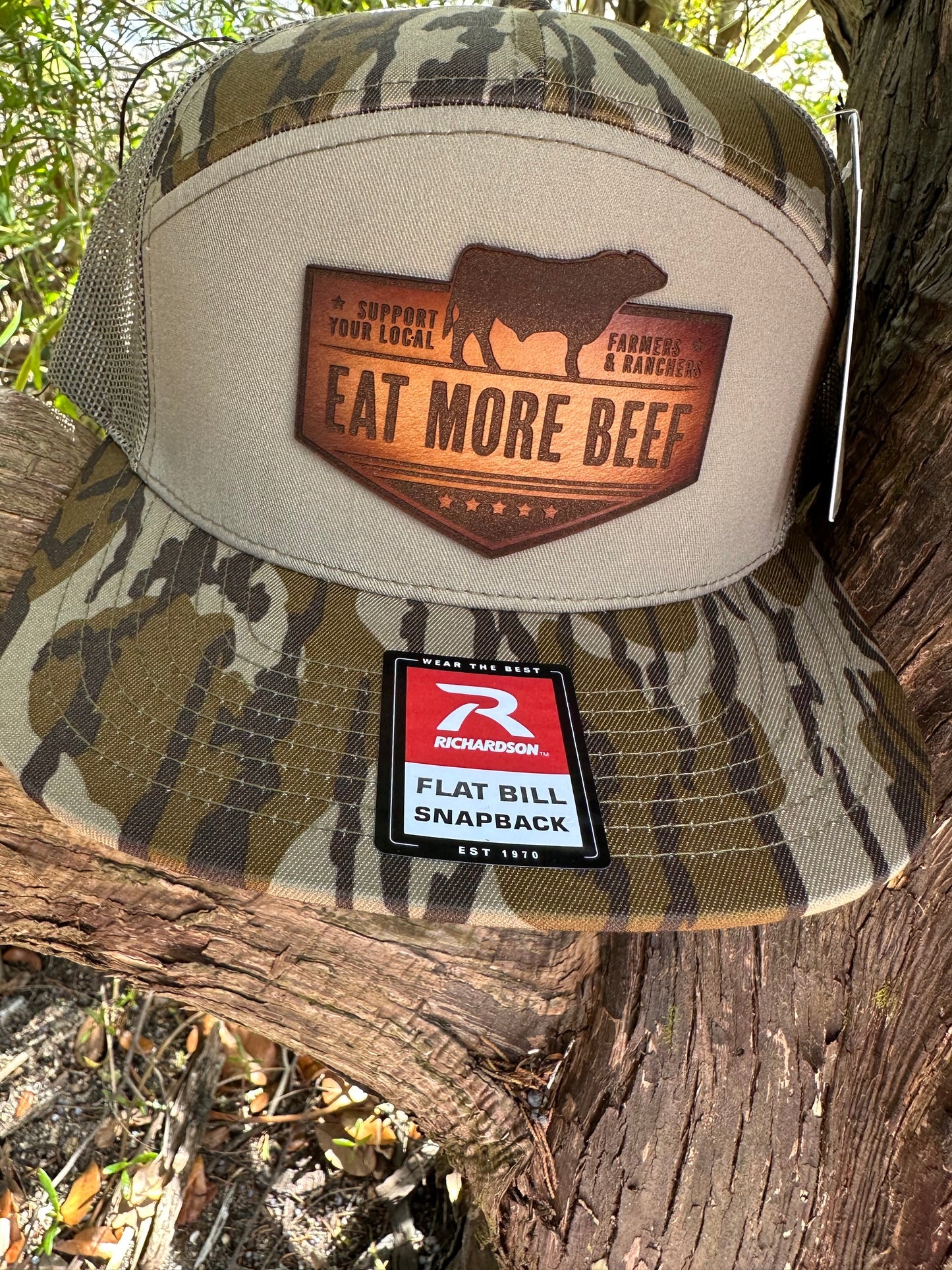 Mossy oak 7 panel Eat More Beef genuine leather patch