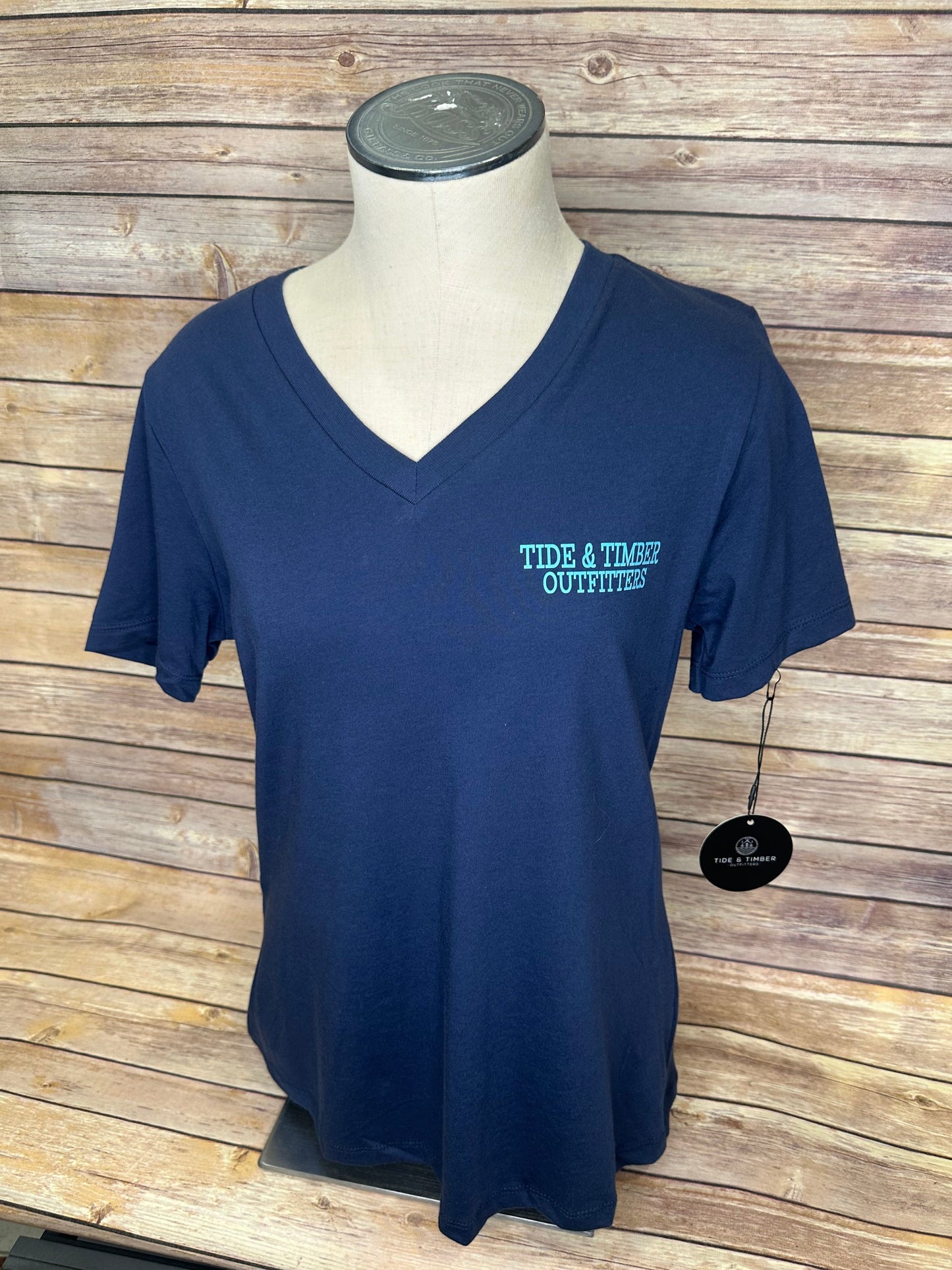 Navy Vneck fish & hook tee