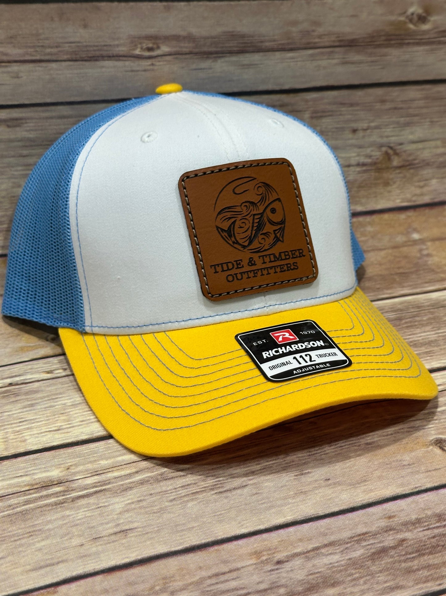 White/Columbia Blue/Yellow fish & hook trucker hat