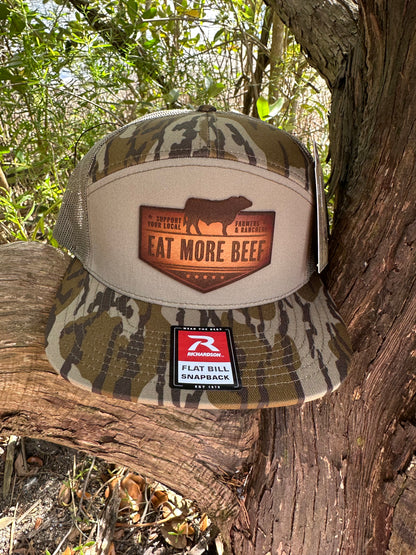 Mossy oak 7 panel Eat More Beef genuine leather patch