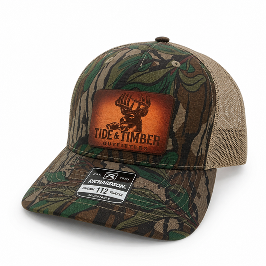 Tide & Timber Outfitters® Mossy Oak Buck Leather Patch Hat – 5 Panel